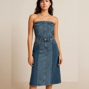 7 For‎ All Mankind Patchwork Denim Dress Strapless Chambray Blue Sz 27